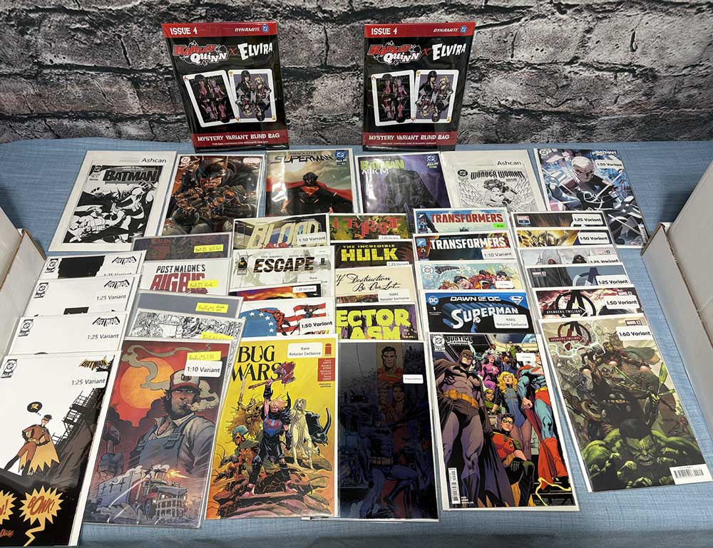 Collection of premium comic books on the Earth 519 packing table
