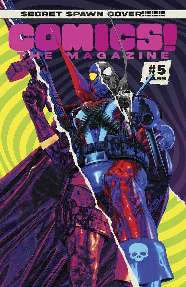 Front cover of Comics! The Magazine issue #5, featuring a stylized comic-book illustration of "Spawn 77", a masked figure in blue, red, and black with a skull emblem, against a yellow-green spiral background and large pink title text at the top.