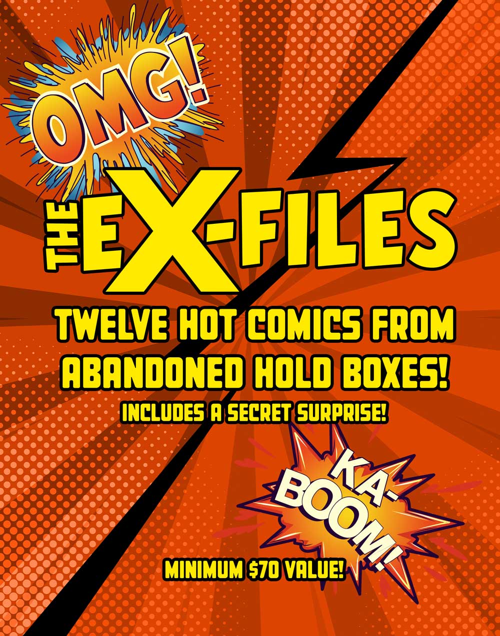 Promotional graphic for 'The Ex-Files' comics with comic book-style text and graphics on an orange background.